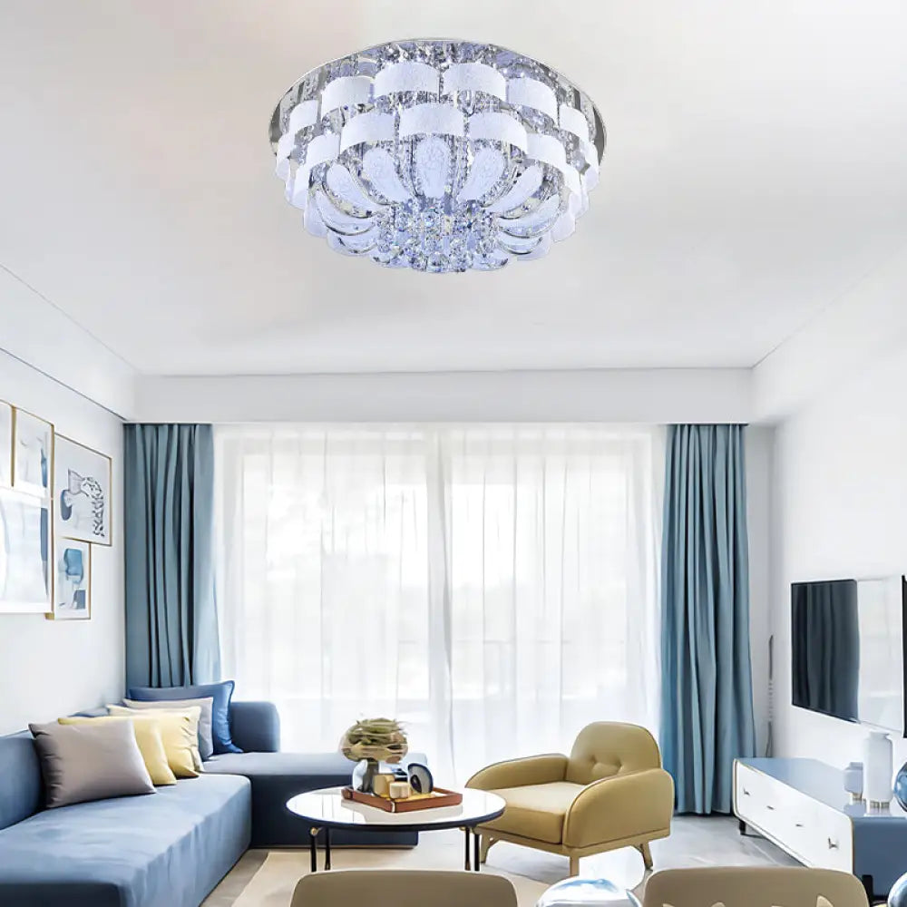 Modernist Stainless-Steel Crystal Flush Mount Ceiling Light With Cut Accents