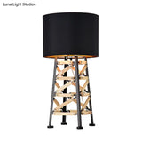 Modernist Tower Nightstand Lamp - 1 Head Metal Light In White/Black With Fabric Shade
