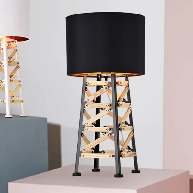 Modernist Tower Nightstand Lamp - 1 Head Metal Light In White/Black With Fabric Shade Black