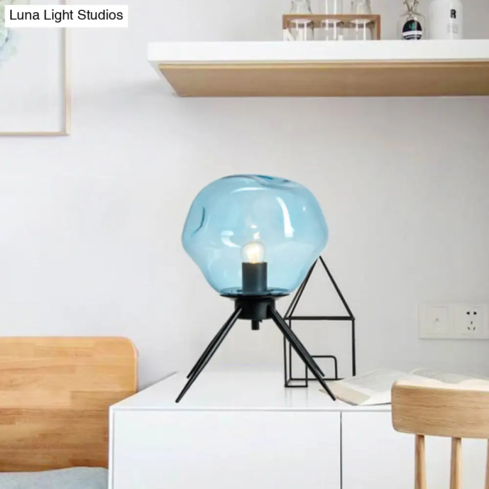 Modernist Tripod Desk Light With Dimpled Glass Shade - Black Blue/Cognac