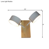 Modernist White Dual Drum Wall Light Fixture With 2 Iron Sconce Heads And Wood Backplate
