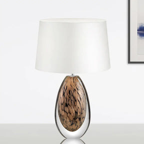 Modernist White Fabric Desk Lamp With Teardrop Brown Glazed Crystal Base - 1 Head Tapered Table