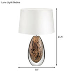 Modernist White Fabric Desk Lamp With Teardrop Brown Glazed Crystal Base - 1 Head Tapered Table