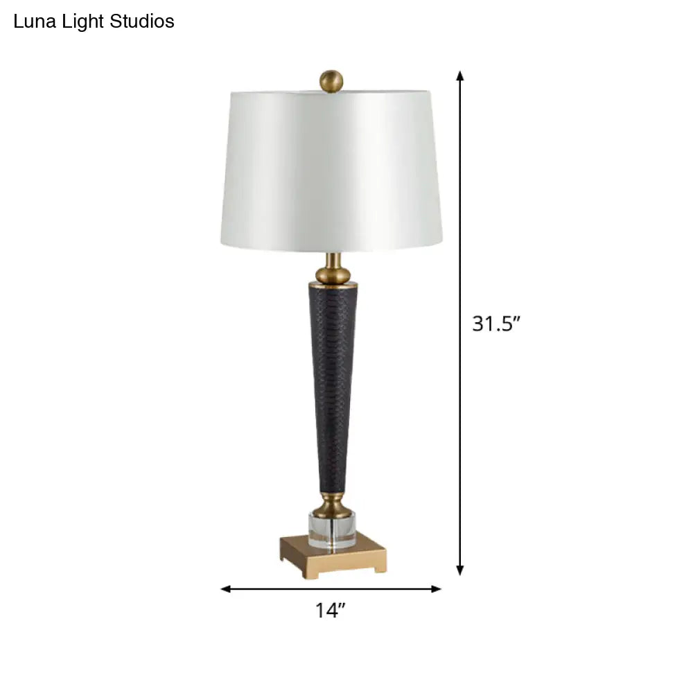 Modernist White Fabric Tapered Drum Desk Lamp - Sleek 1 Bulb Night Table Light For Bedroom