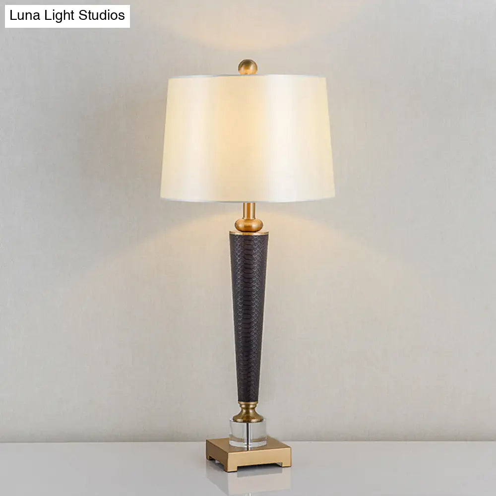 Modernist White Fabric Tapered Drum Desk Lamp - Sleek 1 Bulb Night Table Light For Bedroom