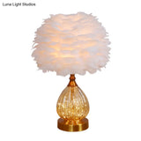 Modernist White Feather Night Table Lamp With Tapered Base - 1 Light Desk
