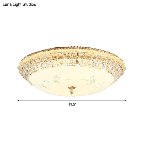 Modernist White Glass And Clear Crystal Led Flush Pendant Light For Bedroom - 12’/16’ Diameter