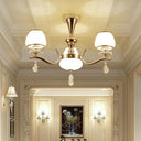 Modernist White Glass Pendant Chandelier With Crystal Droplets - Gold Urn Shade Design 3 /
