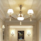 Modernist White Glass Pendant Chandelier With Crystal Droplets - Gold Urn Shade Design 3 /