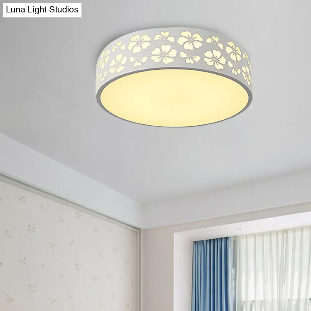 Modernist White Led Flush - Mount Iron Carved Drum Ceiling Light With Recessed Diffuser