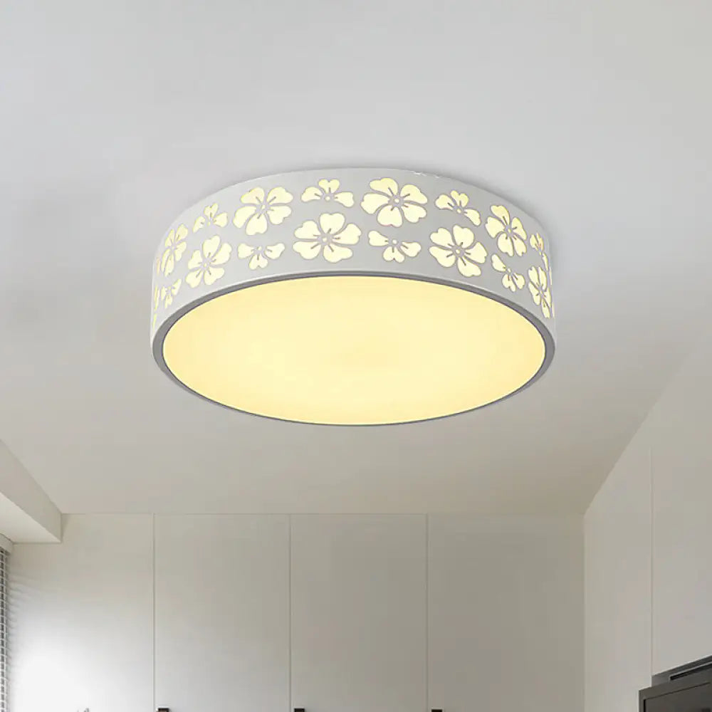 Modernist White Led Flush - Mount Iron Carved Drum Ceiling Light With Recessed Diffuser