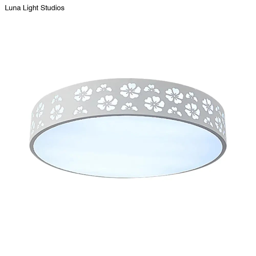 Modernist White Led Flush - Mount Iron Carved Drum Ceiling Light With Recessed Diffuser
