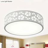 Modernist White Led Flush - Mount Iron Carved Drum Ceiling Light With Recessed Diffuser