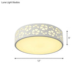 Modernist White Led Flush - Mount Iron Carved Drum Ceiling Light With Recessed Diffuser
