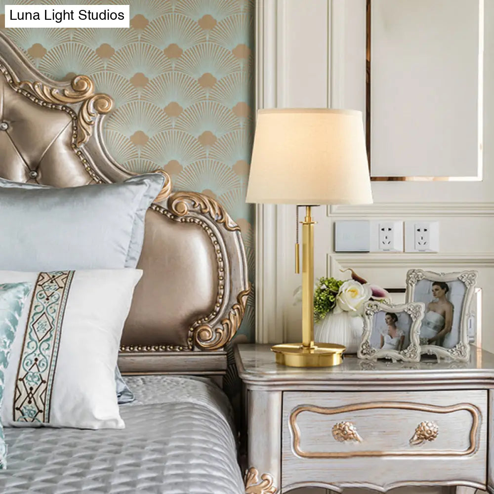 Modernist White Table Lamp With Pull Chain - Barrel Fabric Shade 1-Head Nightstand Light