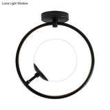 Modernist White/Yellow Glass Semi Flush Mount Light Fixture With Iron Ring - Sphere 1 Black