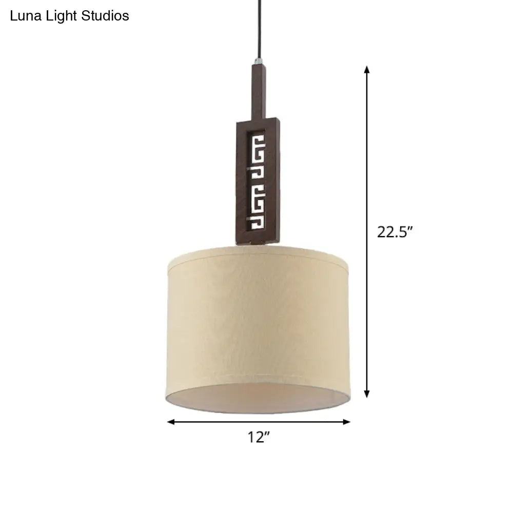Modernist Wood Hanging Lamp Kit - Brown Carved 1-Bulb Down Lighting Design With Drum Fabric Shade