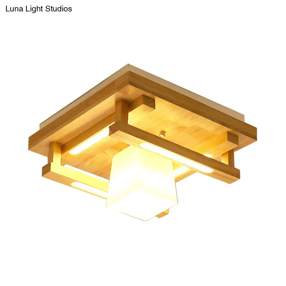 Modernist Wood Square Flush Mount Lighting With 1/4/9 Brown Led Lights And White Glass Cubic Shade
