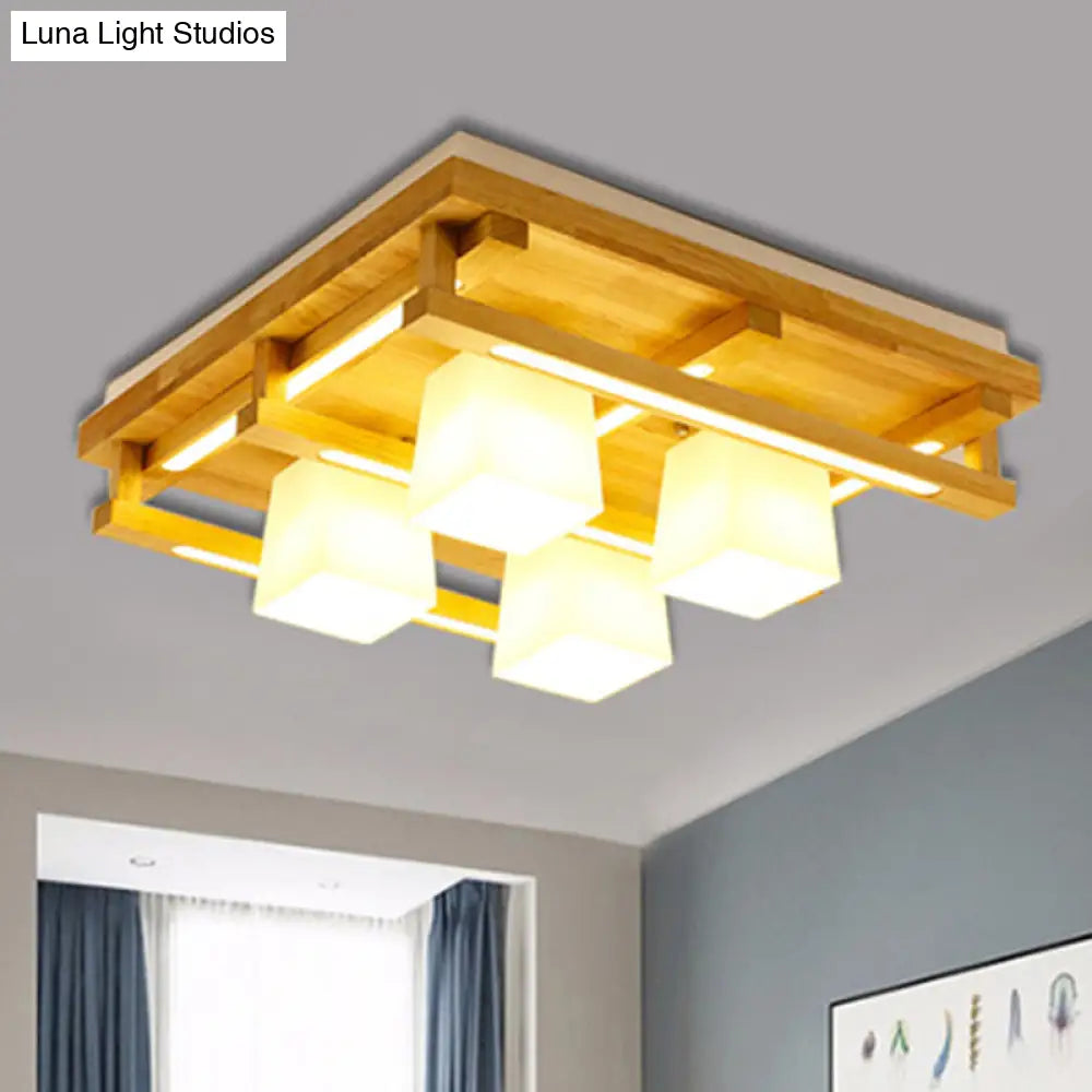 Modernist Wood Square Flush Mount Lighting With 1/4/9 Brown Led Lights And White Glass Cubic Shade