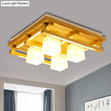 Modernist Wood Square Flush Mount Lighting With 1/4/9 Brown Led Lights And White Glass Cubic Shade