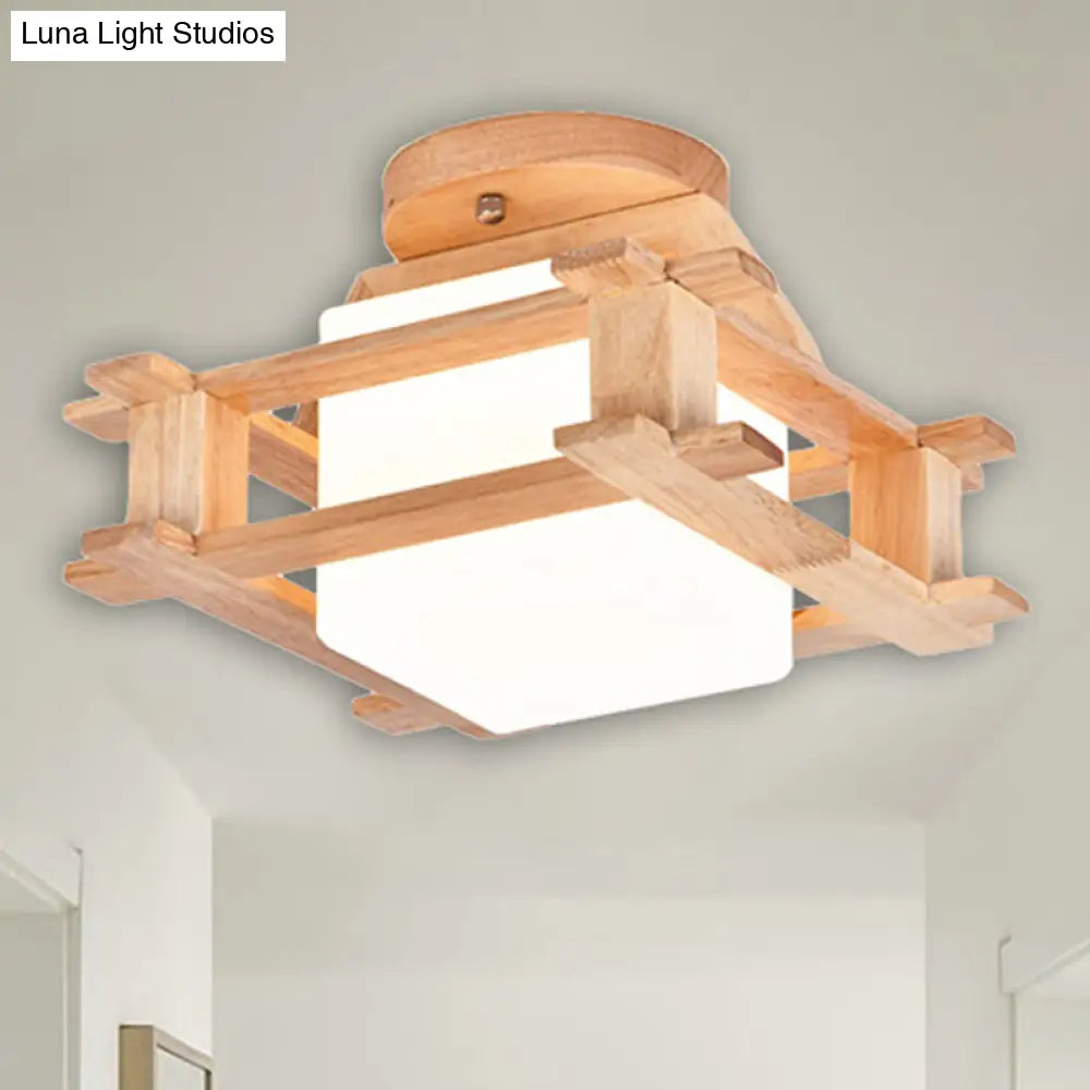 Modernist Wood Square Semi Flush Mount With White Glass Shade - 1 - Light Beige Lamp Fixture