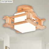 Modernist Wood Square Semi Flush Mount With White Glass Shade - 1 - Light Beige Lamp Fixture
