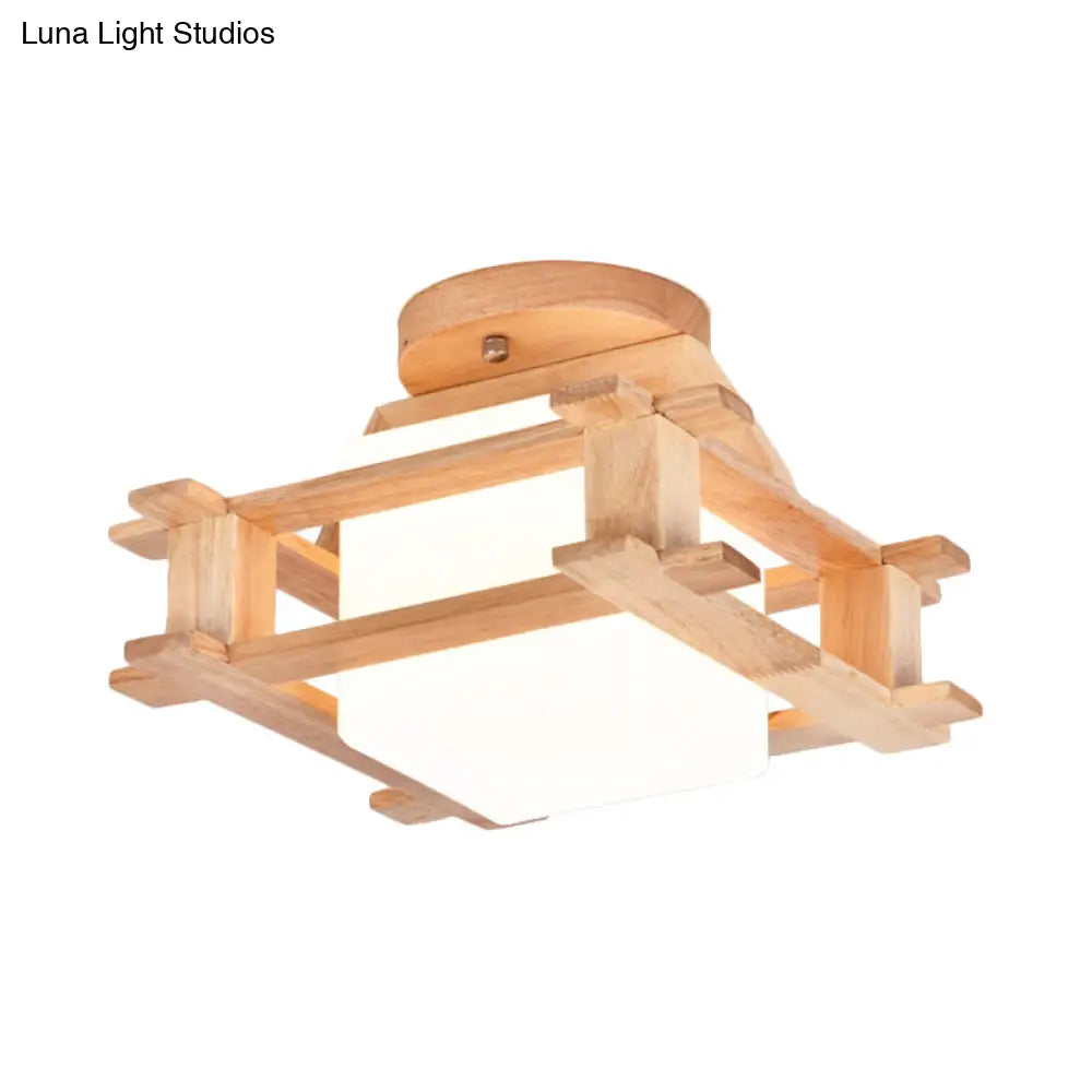 Modernist Wood Square Semi Flush Mount With White Glass Shade - 1 - Light Beige Lamp Fixture
