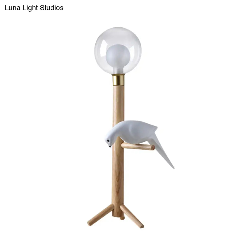 Modernist Wood Table Lamp With Clear Glass Sphere Night Light And Bird Decoled
