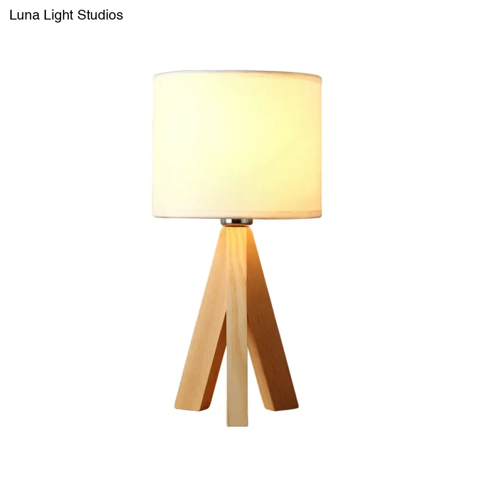Modernistic Cylindrical Task Lamp - Fabric Shade White Reading Light With Wood Tripod 1 Bulb
