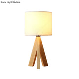 Modernistic Cylindrical Task Lamp - Fabric Shade White Reading Light With Wood Tripod 1 Bulb