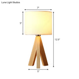 Modernistic Cylindrical Task Lamp - Fabric Shade White Reading Light With Wood Tripod 1 Bulb