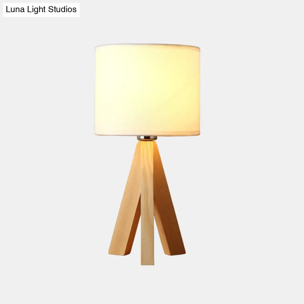 Modernistic Cylindrical Task Lamp - Fabric Shade White Reading Light With Wood Tripod 1 Bulb