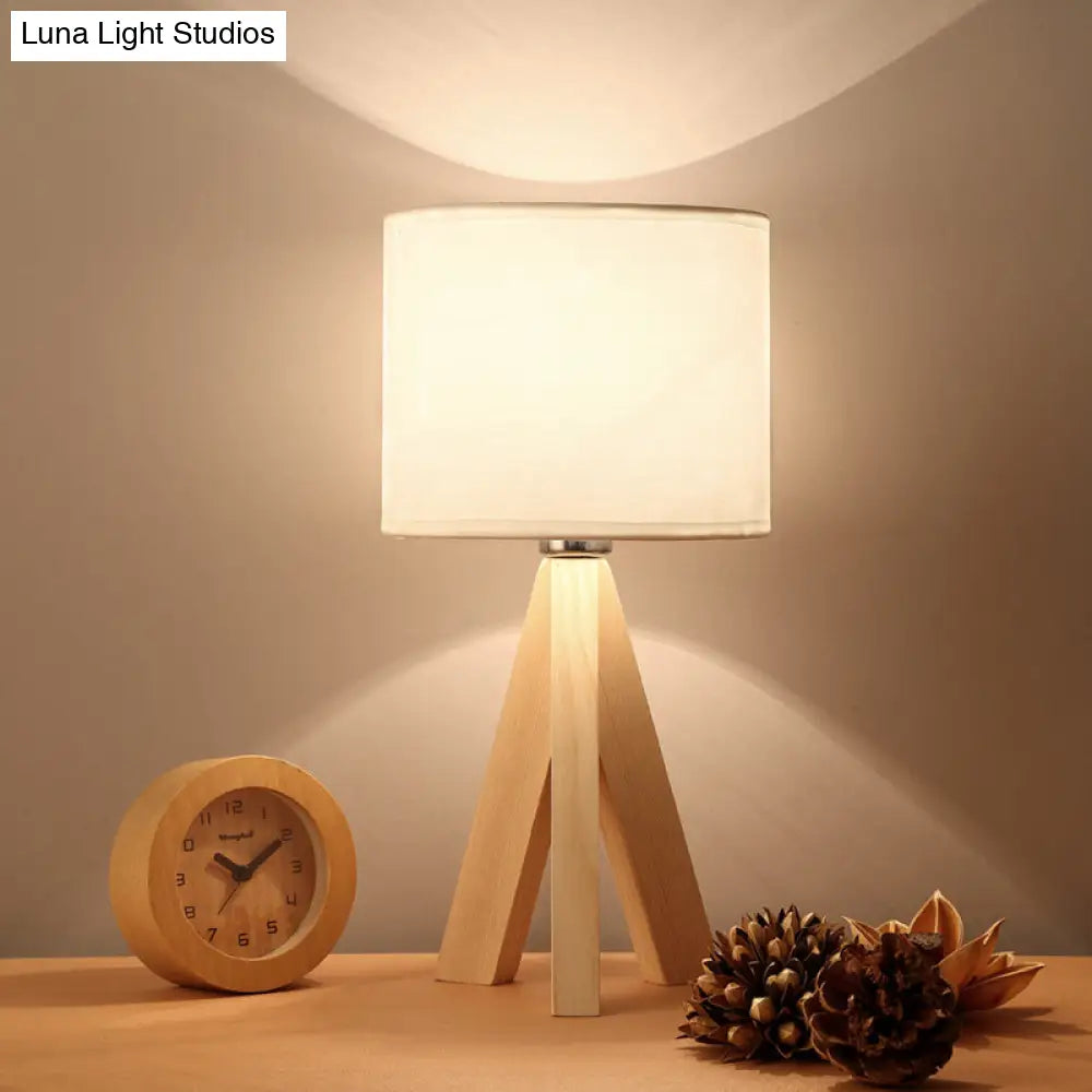 Modernistic Cylindrical Task Lamp - Fabric Shade White Reading Light With Wood Tripod 1 Bulb