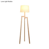 Modernistic White Reading Floor Lamp With Wooden Tripod - Elegant Fabric Standing Light