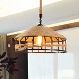 Mongolian Yurts Vintage Rope Pendant Light Fixture - Beige With Wire Cage (12/16/19.5 W)