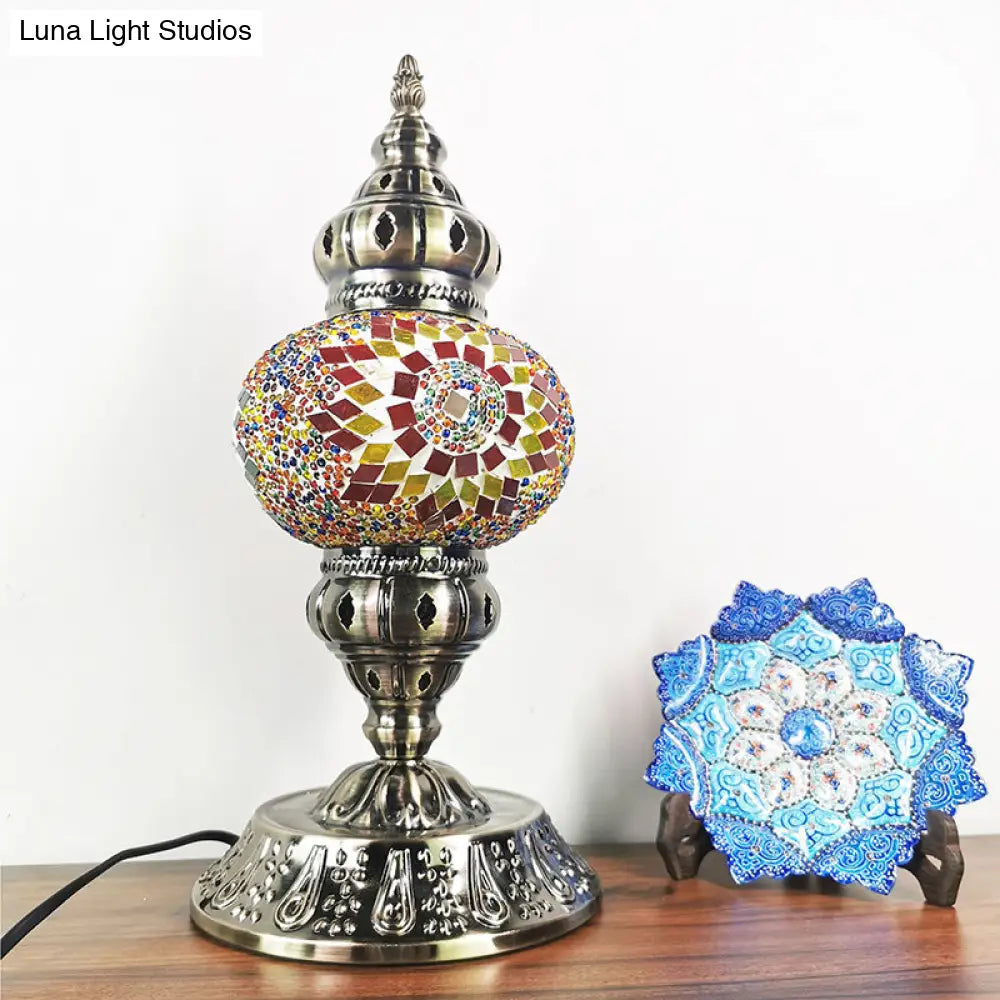 Moroccan-Style Stained Glass Night Light Sphere Table Lamp With Metal Base