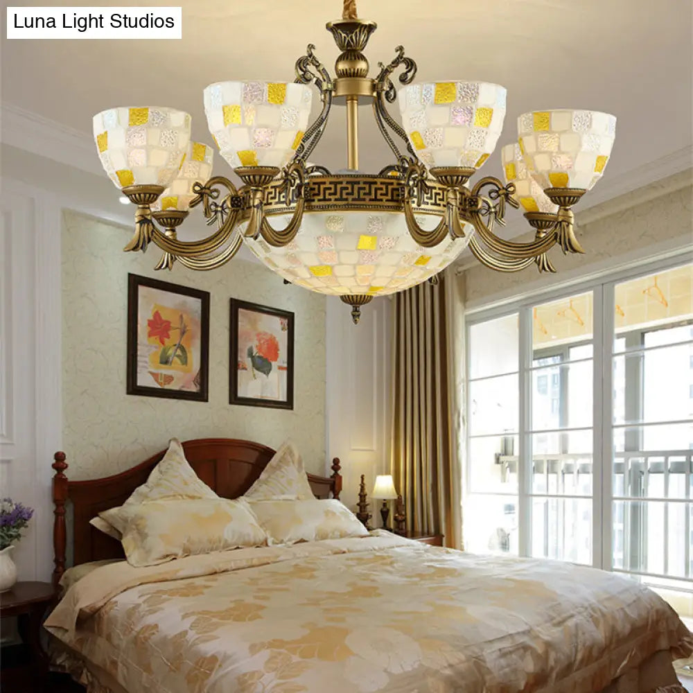 Mosaic Design Tiffany Chandelier With 6/8 Lights In Aged Brass And White Glass Pendant