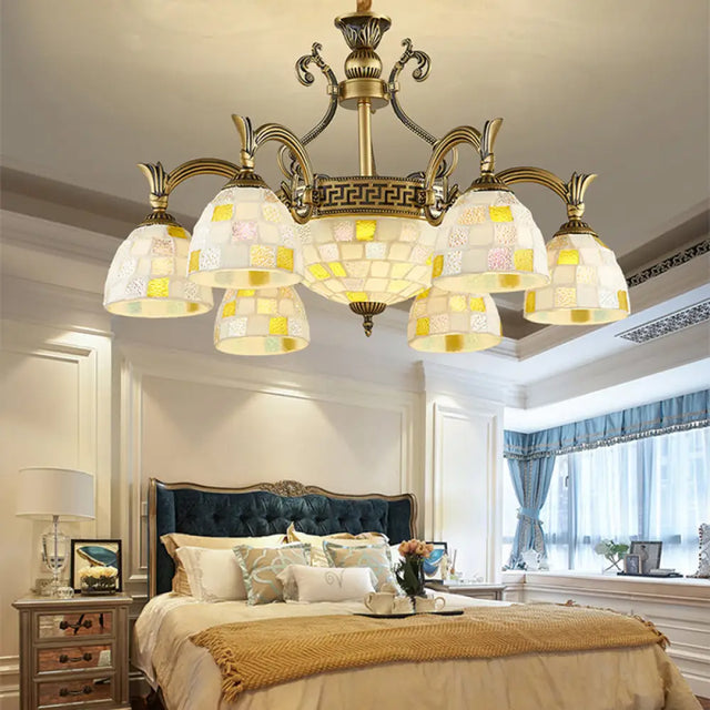 Mosaic Design Tiffany Chandelier With 6/8 Lights In Aged Brass And White Glass Pendant 6 /
