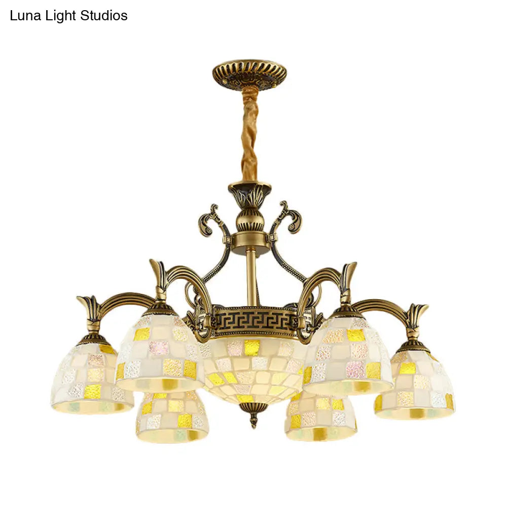 Mosaic Design Tiffany Chandelier With 6/8 Lights In Aged Brass And White Glass Pendant