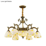 Mosaic Design Tiffany Chandelier With 6/8 Lights In Aged Brass And White Glass Pendant