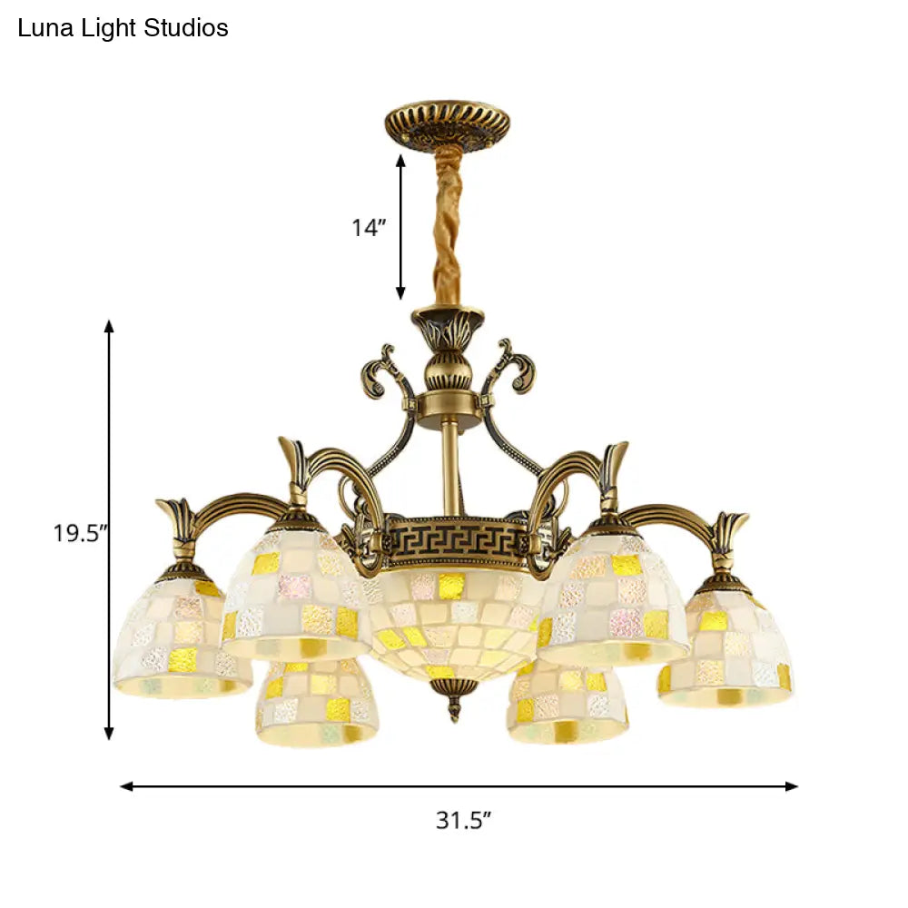 Mosaic Design Tiffany Chandelier With 6/8 Lights In Aged Brass And White Glass Pendant