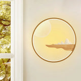 Mountain & Full Moon Wood-Black/Beige Led Sconce Light: Asian Wall Mural For Hotels Wood