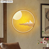 Mountain & Full Moon Wood-Black/Beige Led Sconce Light: Asian Wall Mural For Hotels