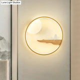 Mountain & Full Moon Wood-Black/Beige Led Sconce Light: Asian Wall Mural For Hotels