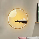 Mountain & Full Moon Wood-Black/Beige Led Sconce Light: Asian Wall Mural For Hotels Black