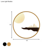 Mountain & Full Moon Wood-Black/Beige Led Sconce Light: Asian Wall Mural For Hotels
