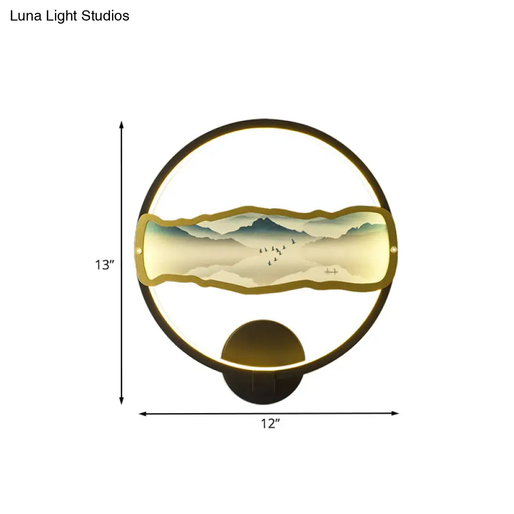 Mountain Patterned Led Wall Light In Asia Style - Black & Circular With Warm/White