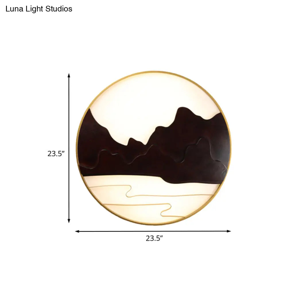 Mountain Silhouette Led Wall Mural Light: Asian-Inspired Wooden Black Sconce For Tearoom
