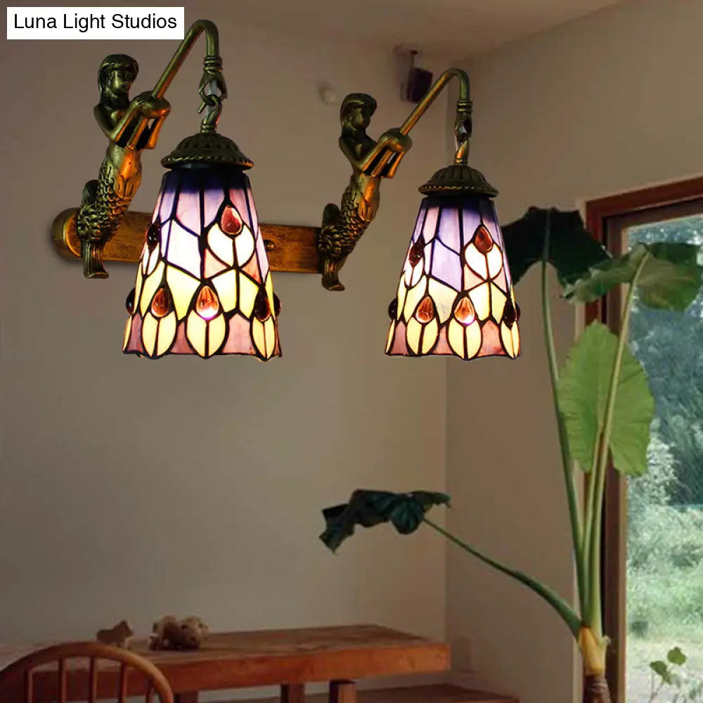 Multicolor Stained Glass Tiffany Flared Wall Mount Light - 2 Heads Hallway With Peacock Tail/Flower