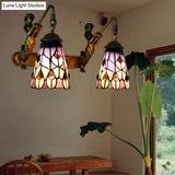 Multicolor Stained Glass Tiffany Flared Wall Mount Light - 2 Heads Hallway With Peacock Tail/Flower